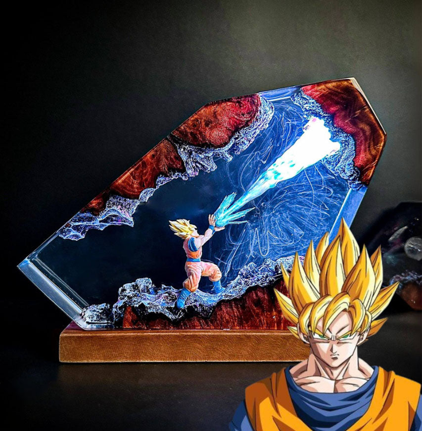 Goku lamp illuminated With Blue Light Color: Side view of Goku unleashing Kamehameha in vibrant resin Dragon Ball Z lamp. Glowing energy beam showcased in unique angled design, perfect for Dragon Ball fans and collectors.