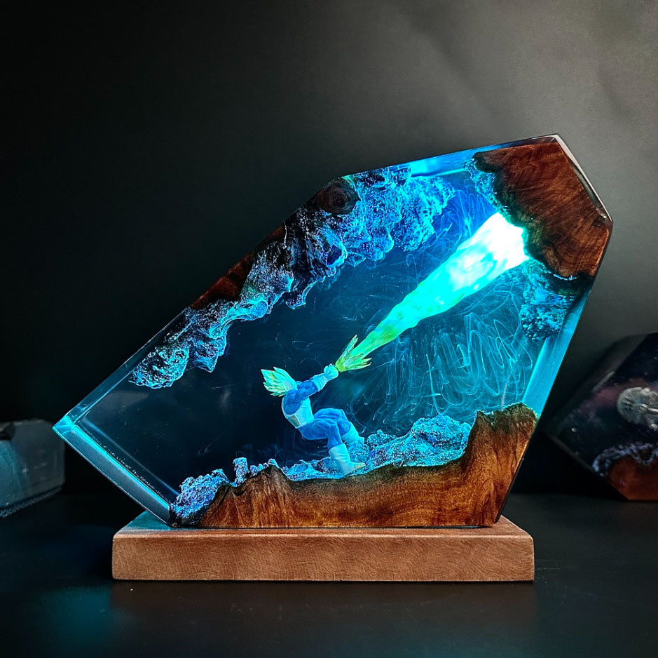 Handcrafted VegetaLamp: Dragon Ball Z Kamehameha scene in resin, illuminated energy beam, blue fighter amid purple crystals, unique Goku-inspired dragon lamp, wooden base