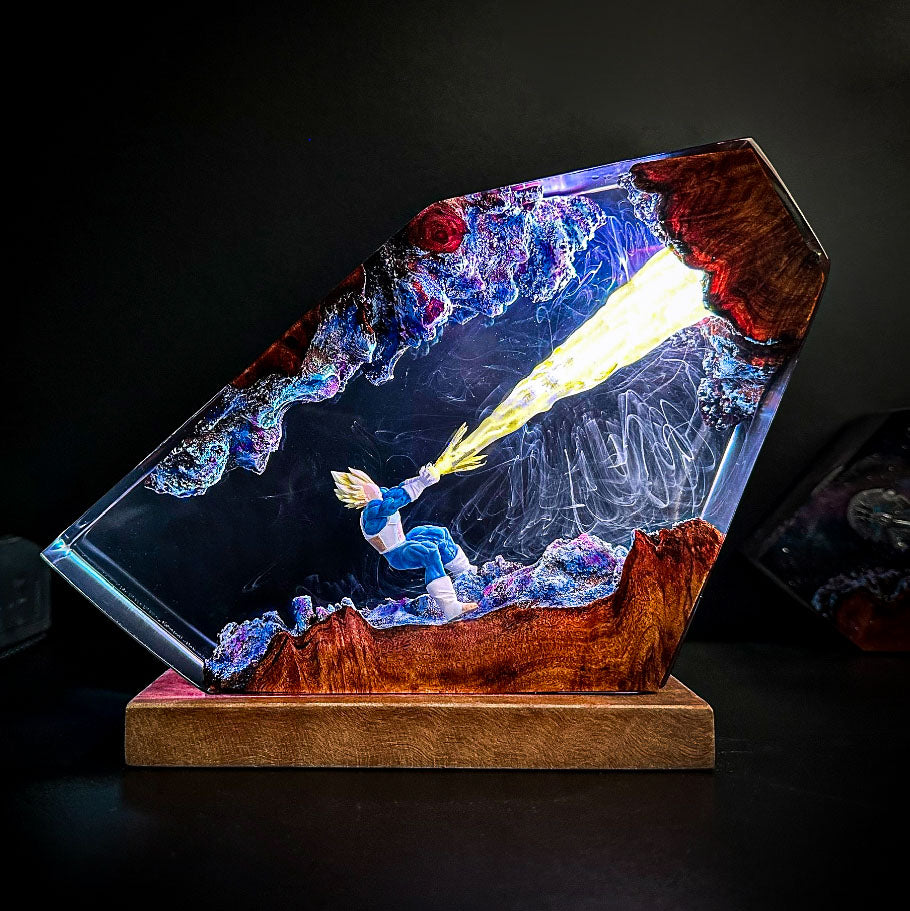 Vegeta Lamp Dragon Ball Z inspired resin lamp featuring Kamehameha energy beam, blue figurine in crystal-like structure with vibrant colors, unique Goku-style dragon lamp on wooden base