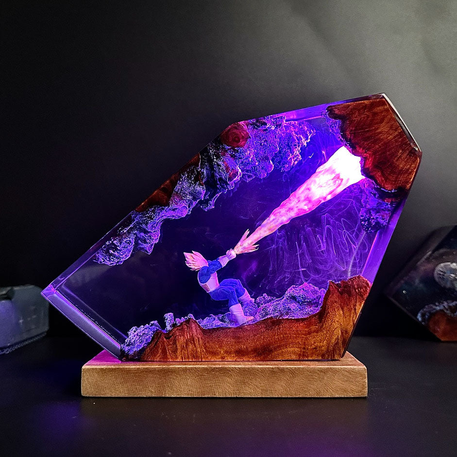 Dragon Ball Z resin art lamp: Vegeta-inspired figure unleashing Kamehameha, glowing energy beam in crystalline structure, vibrant blue and red hues, unique anime-themed light on wooden stand